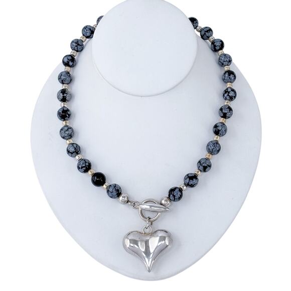 Estate Sterling Silver 925 Snowflake Obsidian Heart Toggle Necklace 18" - Picture 3 of 8